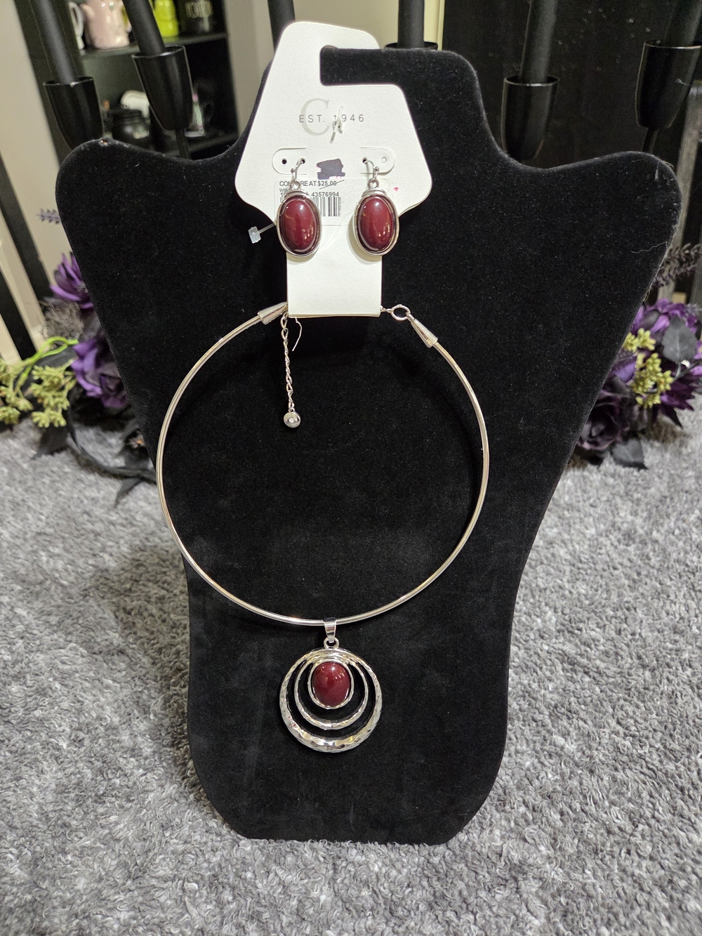 Cato Silver-Tone Choker Necklace and Matching Red Stone Earrings